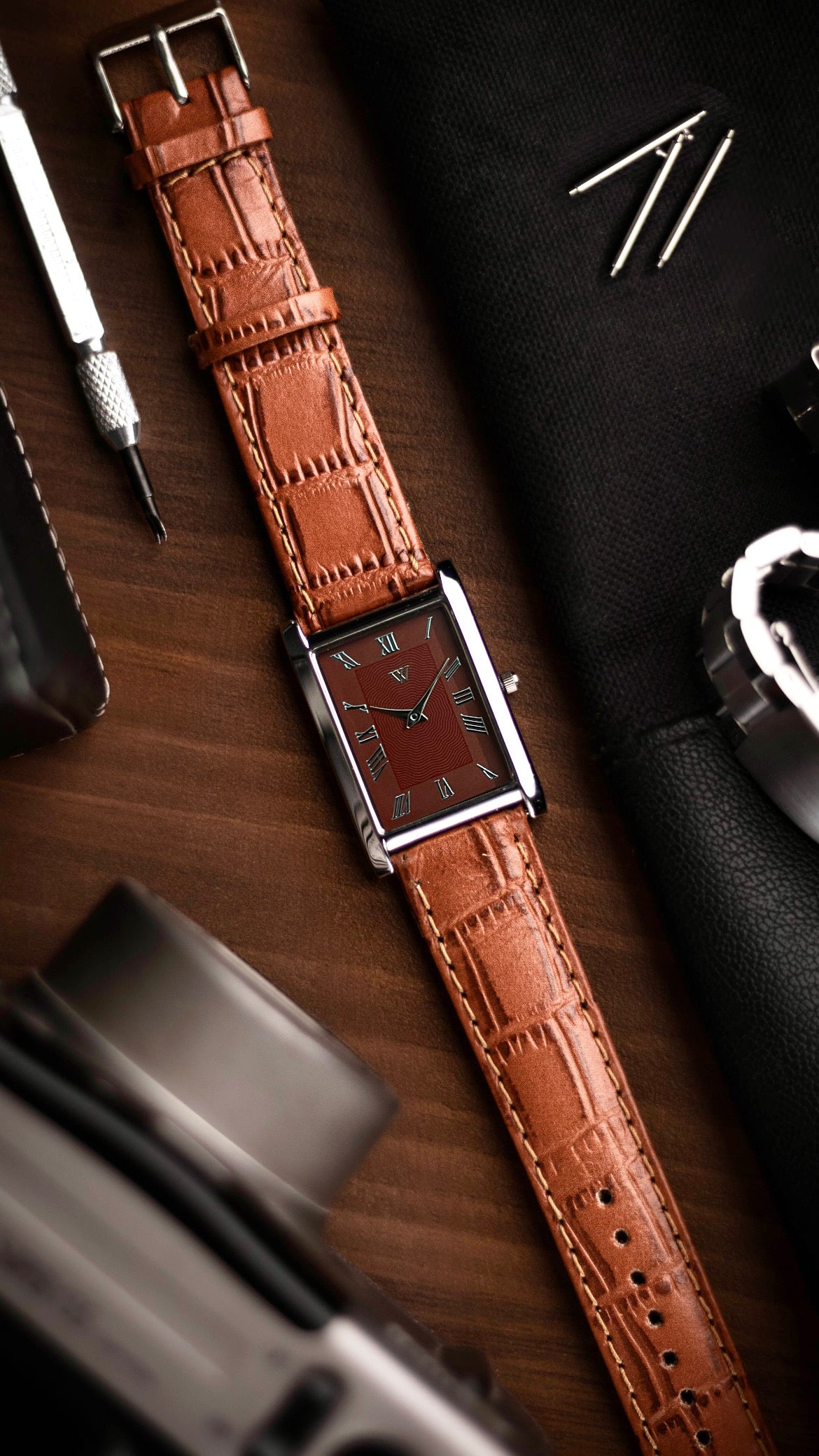 The S23 - WINE / MAROON GUILLOCHE DIAL - Slim Tank Style Watch - by Watchtopia