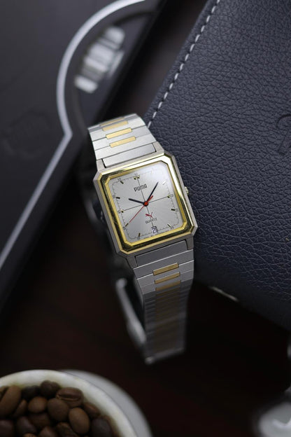 (JDM - Extremely Rare) Limited Edition ORIENT X PUMA Slim Tank Style Two Tone Silver Sunray Dial - Quartz Vintage Watch (Pre Owned) - A366