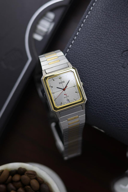 (JDM - Extremely Rare) Limited Edition ORIENT X PUMA Slim Tank Style Two Tone Silver Sunray Dial - Quartz Vintage Watch (Pre Owned) - A366
