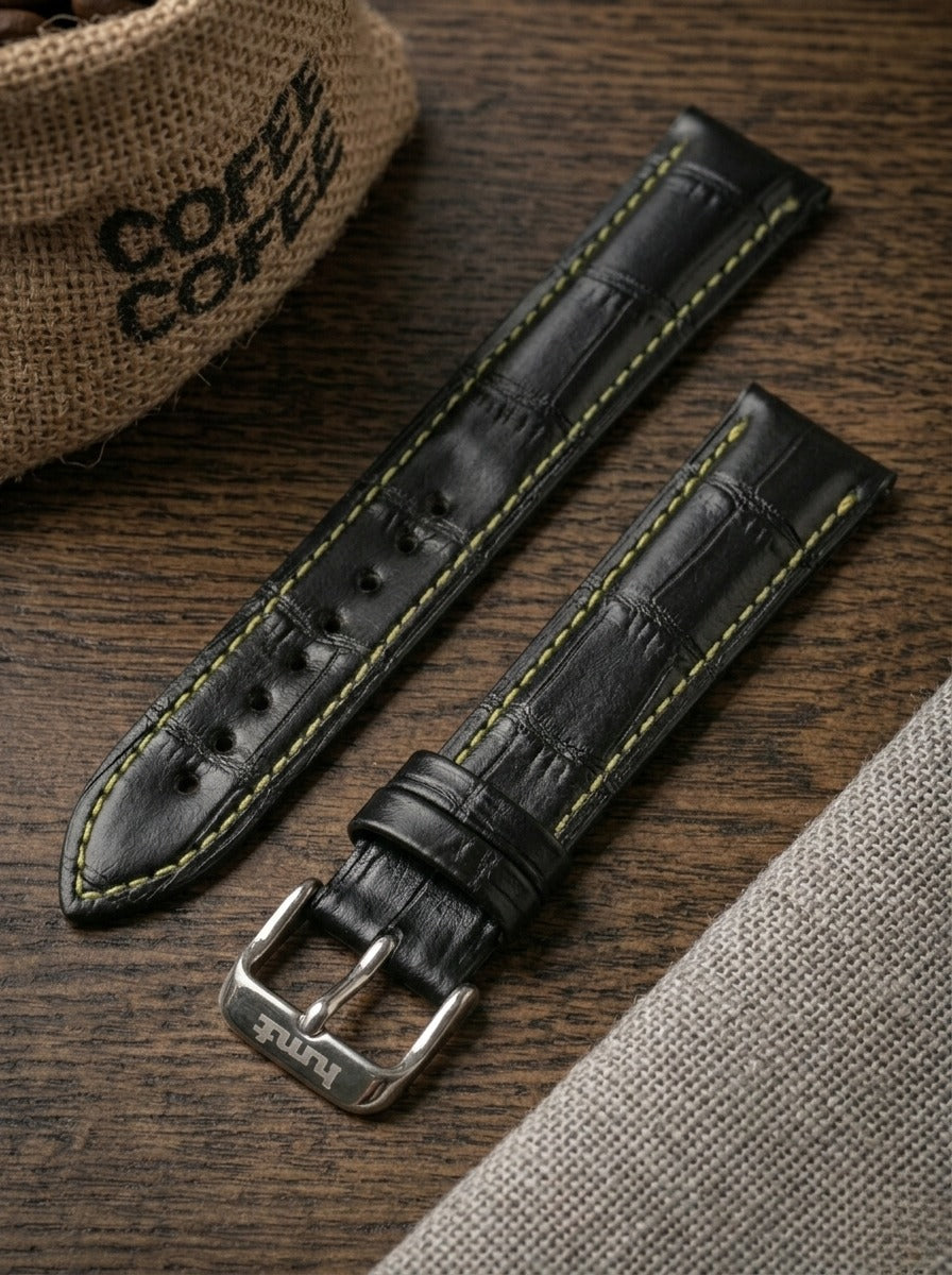 Yellow Stitch Black Croc Leather Watch Strap (18mm) – watchtopia.in