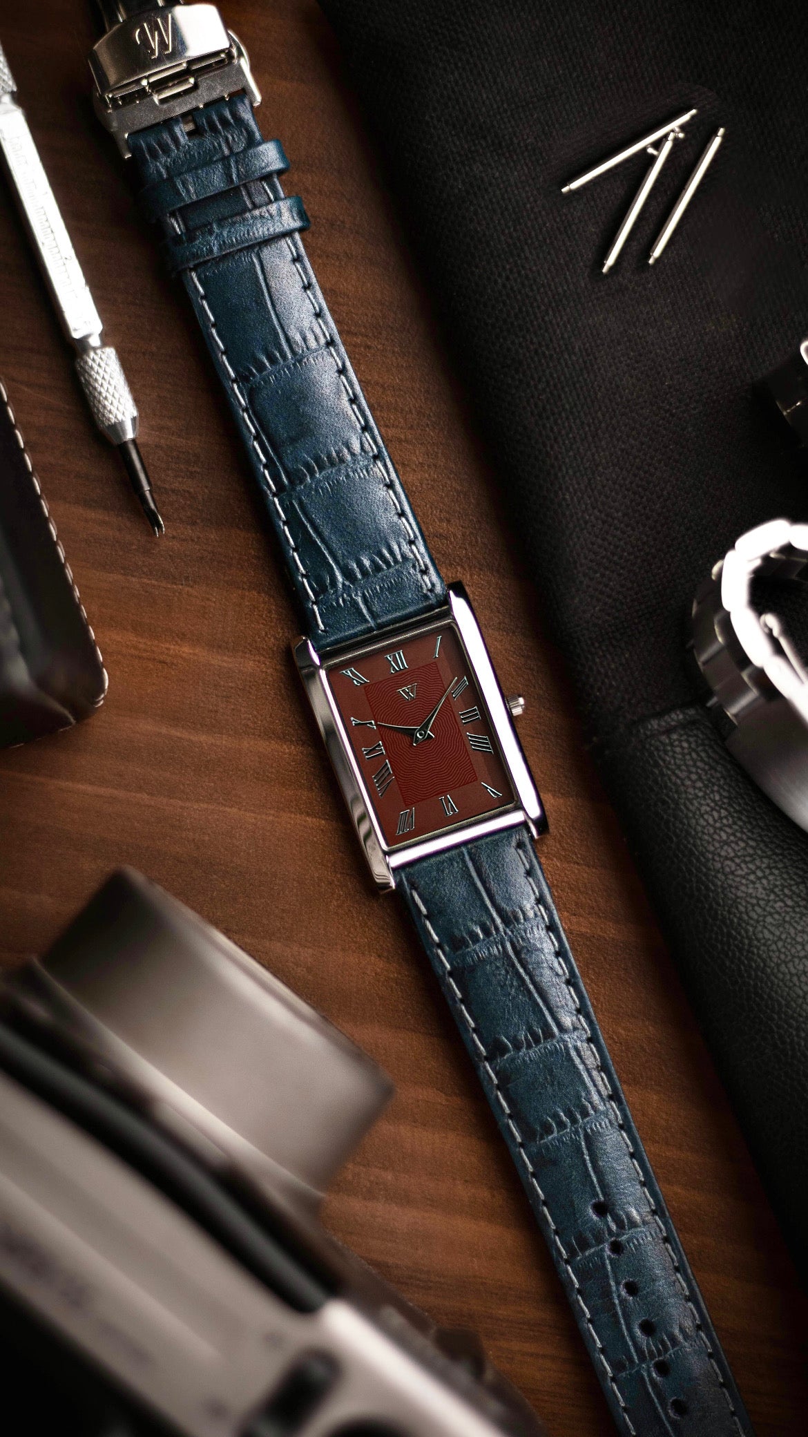 The S23 - WINE / MAROON GUILLOCHE DIAL - Slim Tank Style Watch - by Watchtopia