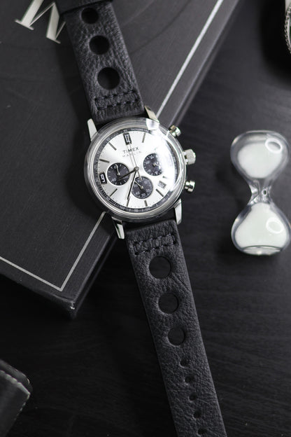 PREMIUM RALLY Style Perforated Genuine Leather Watch Strap (22mm) - with FREE Strap Tool!