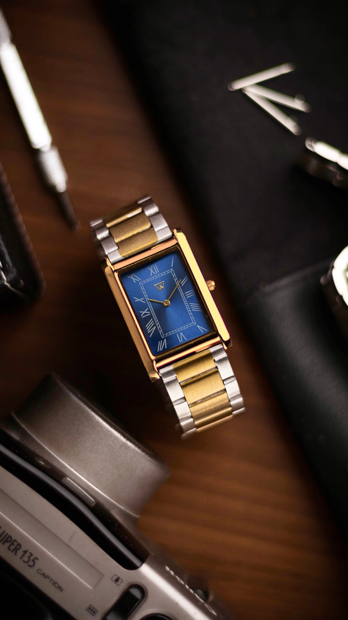 The S23 - BLUE Dial (Golden Case) - Slim Tank Style Watch - by Watchtopia