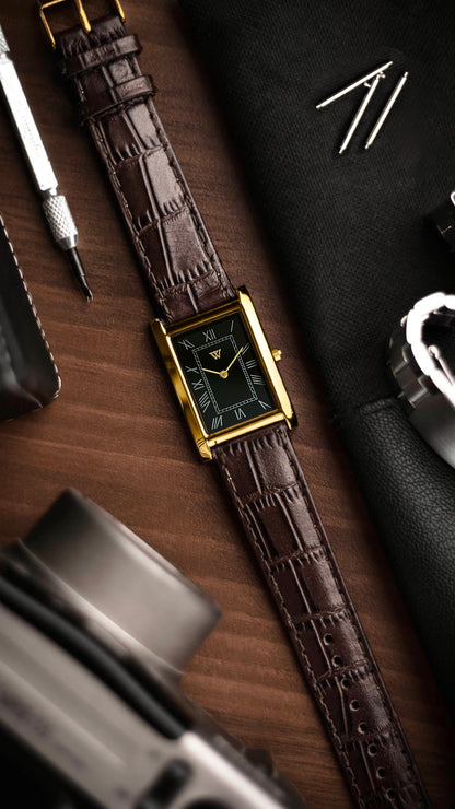 The S23 - BLACK Dial (Golden Case) - Slim Tank Style Watch - by Watchtopia
