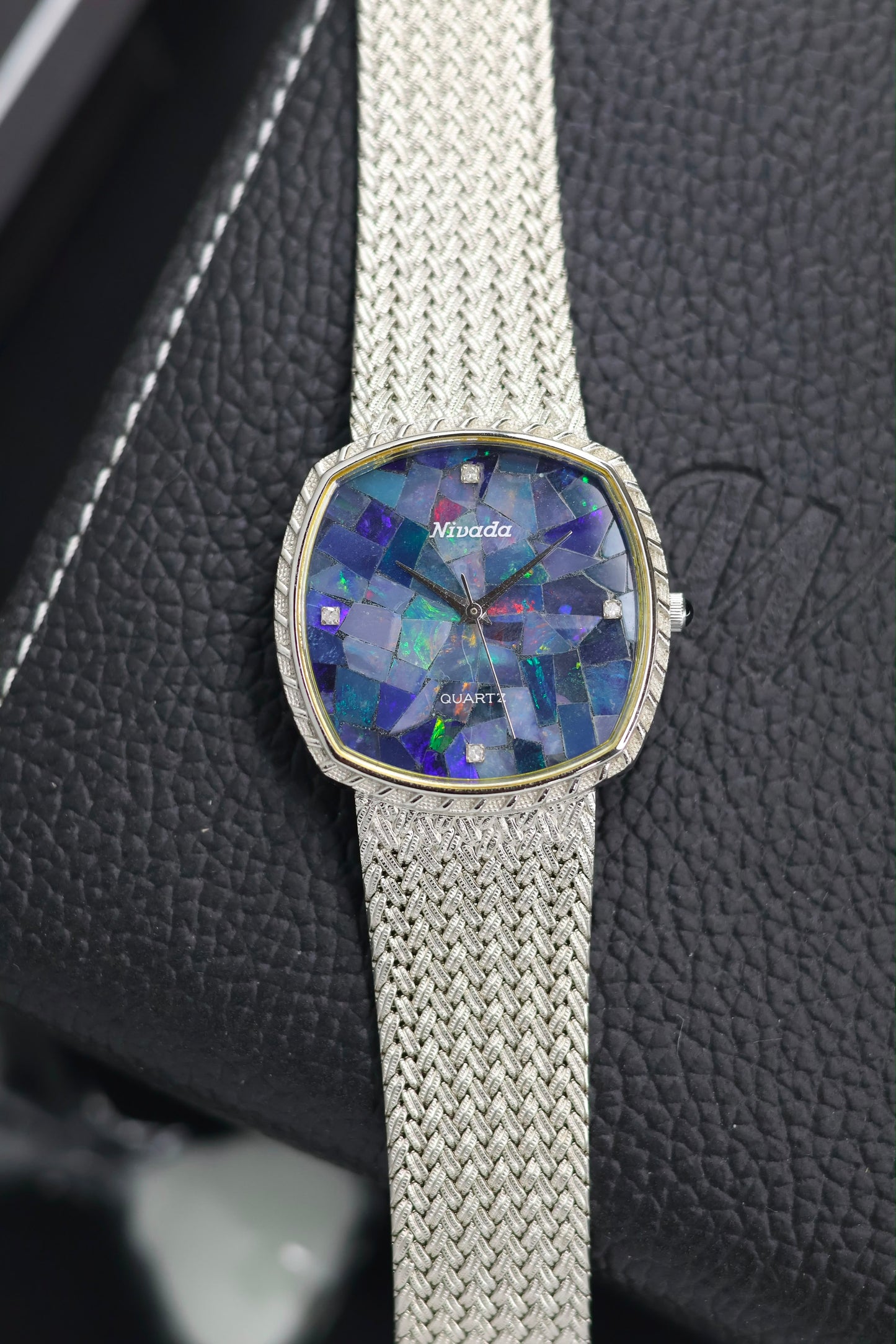 (Extremely Rare) Nivada Grenchen Blue Mosaic Opal TV Dial with PALLADIUM Plated Case & Integrated Woven Milanese Bracelet - Swiss Vintage Watch (Pre Owned) - SE801