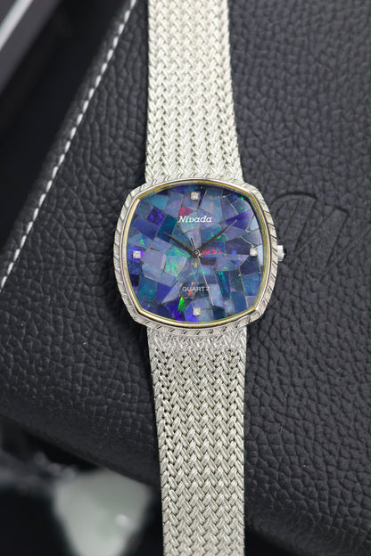 (Extremely Rare) Nivada Grenchen Blue Mosaic Opal TV Dial with PALLADIUM Plated Case & Integrated Woven Milanese Bracelet - Swiss Vintage Watch (Pre Owned) - SE801