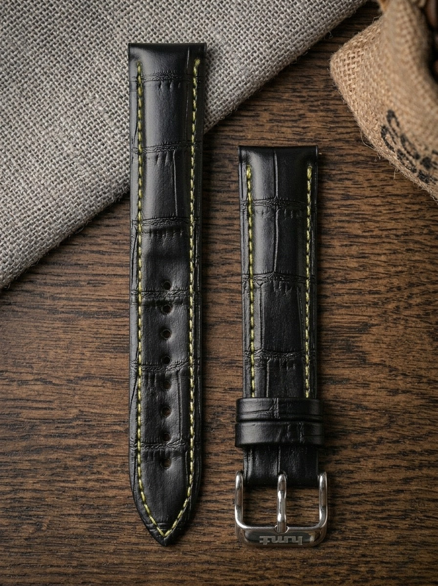 Yellow Stitch Black Croc Leather Watch Strap (18mm) – watchtopia.in