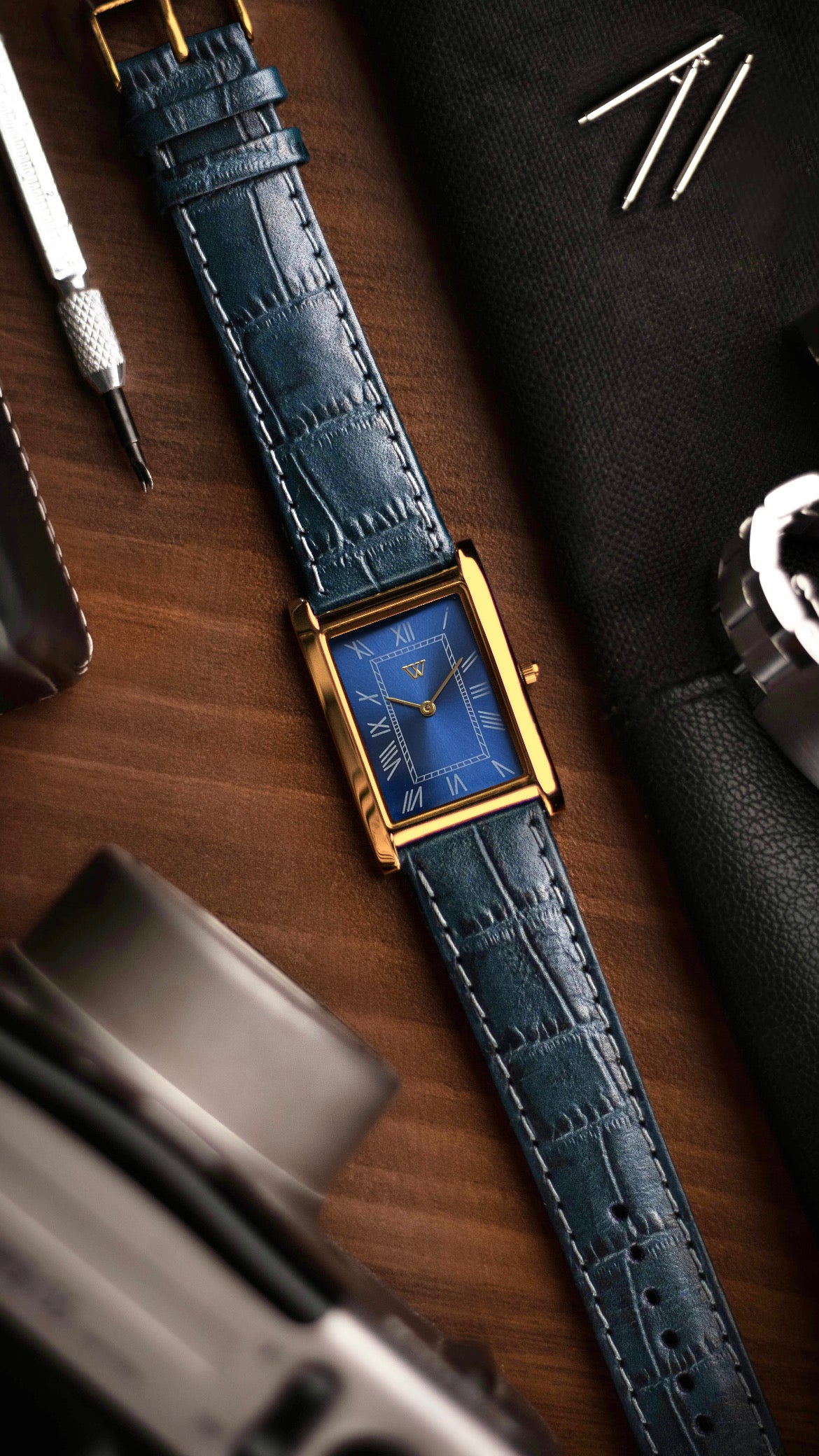 The S23 - BLUE Dial (Golden Case) - Slim Tank Style Watch - by Watchtopia