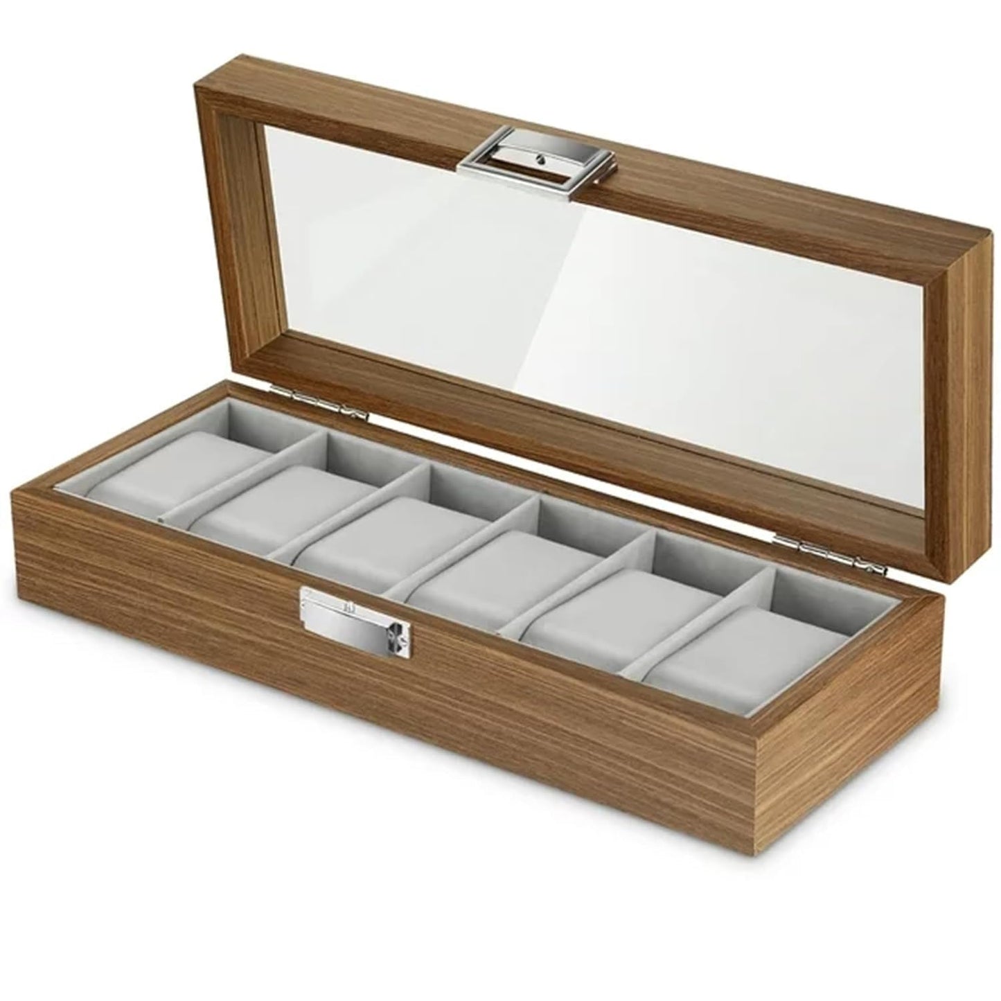 6 Slot Wooden Watch Organizer Storage Box with Glass Display Case
