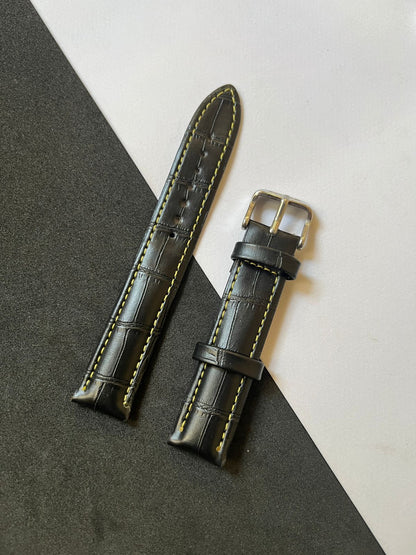 Yellow-Stitch Black Croc Leather Strap (18mm)