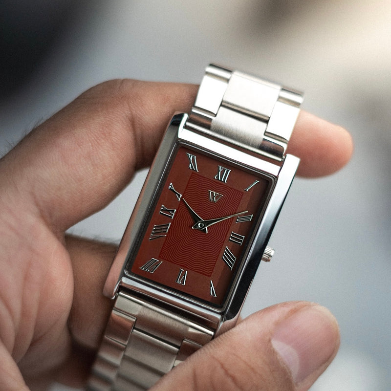 The S23 - WINE / MAROON GUILLOCHE DIAL - Slim Tank Style Watch - by Watchtopia