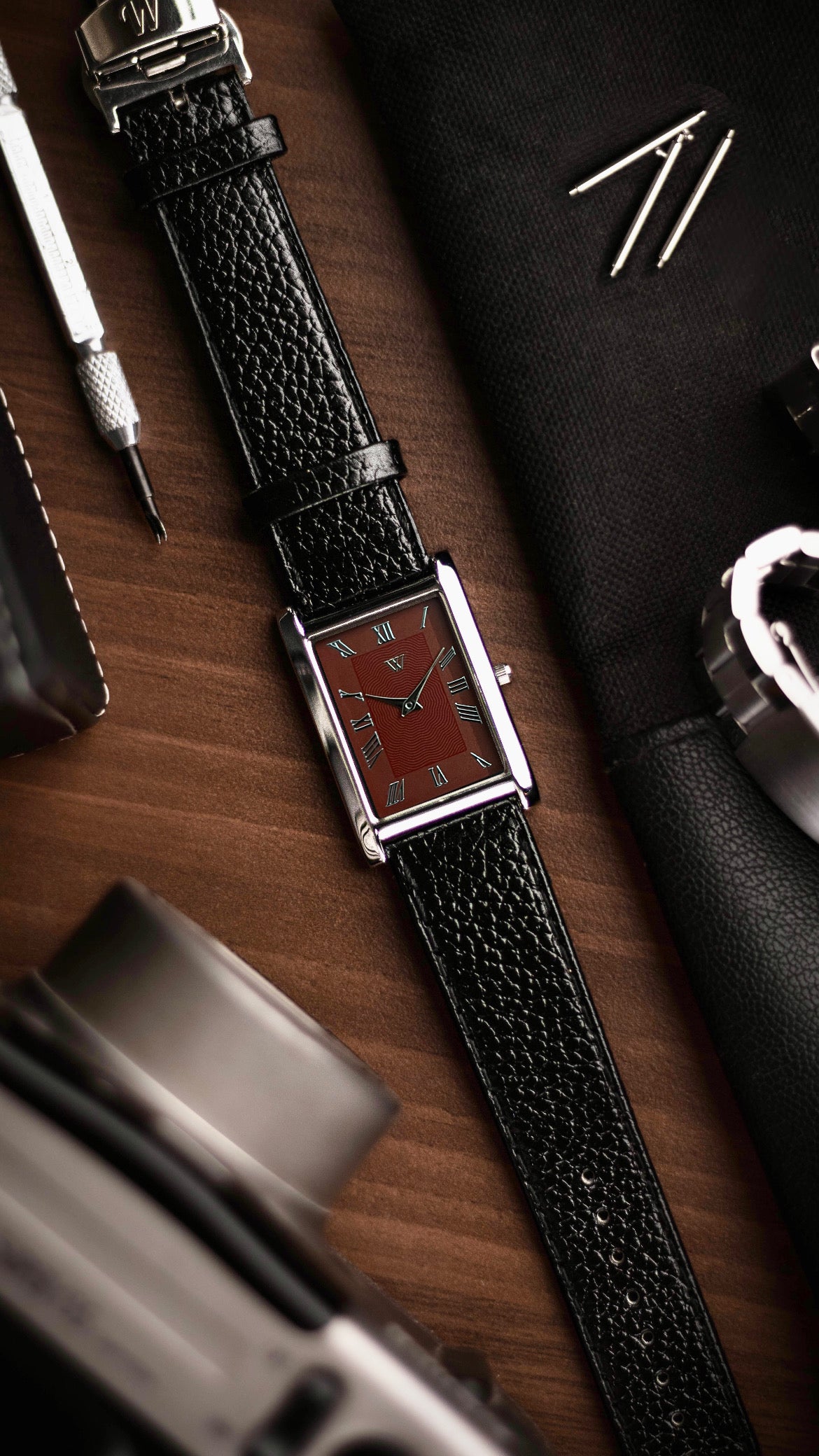 The S23 - WINE / MAROON GUILLOCHE DIAL - Slim Tank Style Watch - by Watchtopia