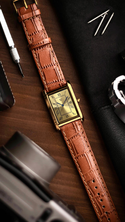 The S23 - GOLD Dial (Golden Case) - Slim Tank Style Watch - by Watchtopia