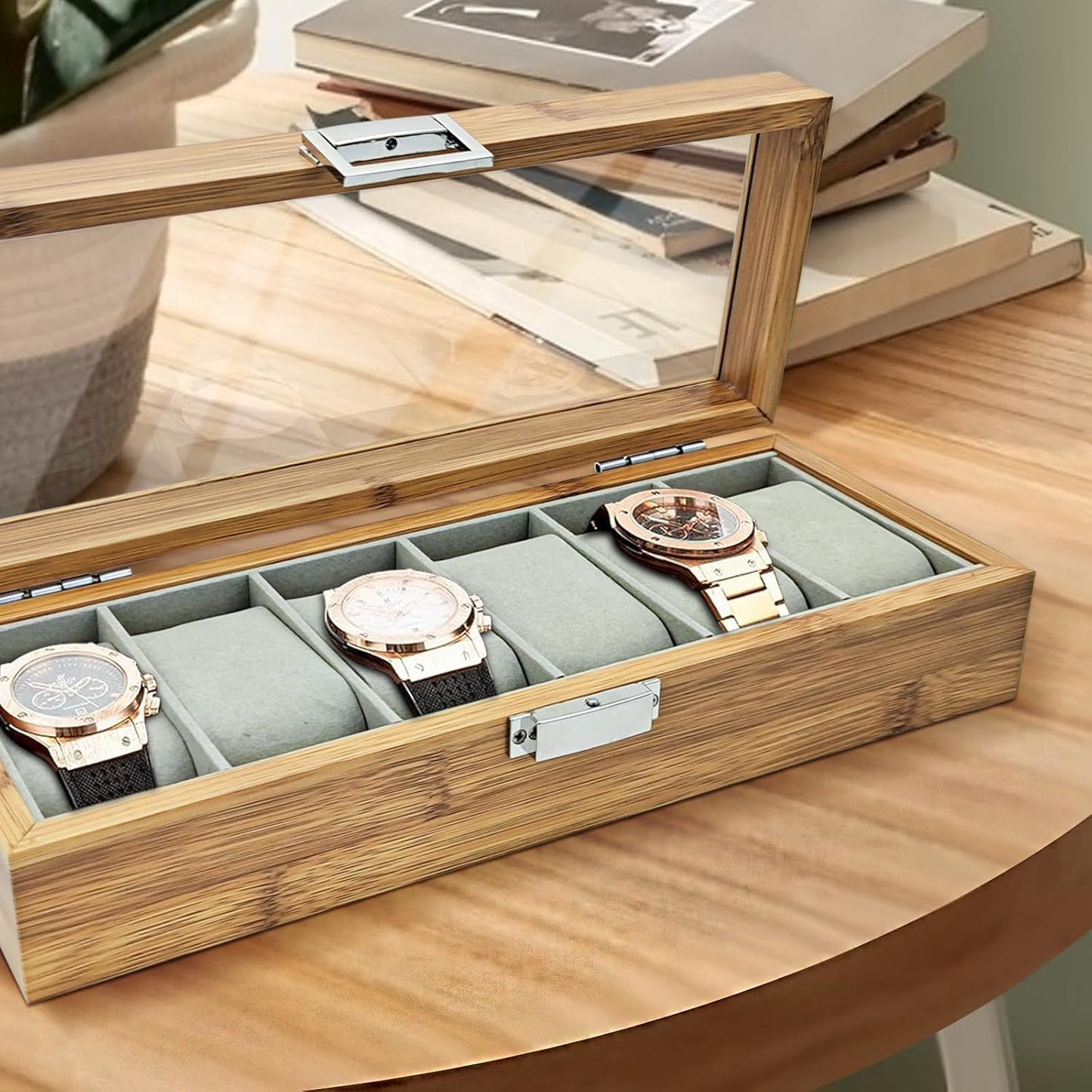 6 Slot Wooden Watch Organizer Storage Box with Glass Display Case