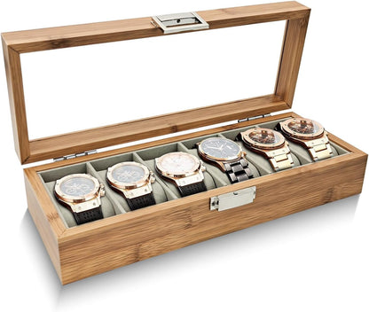 6 Slot Wooden Watch Organizer Storage Box with Glass Display Case