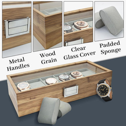6 Slot Wooden Watch Organizer Storage Box with Glass Display Case