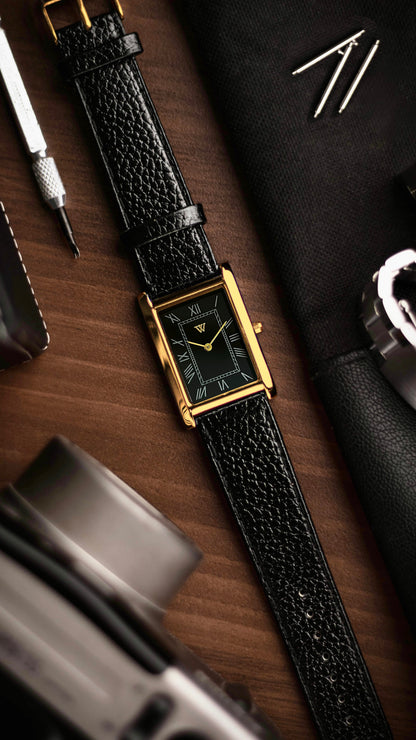 The S23 - BLACK Dial (Golden Case) - Slim Tank Style Watch - by Watchtopia