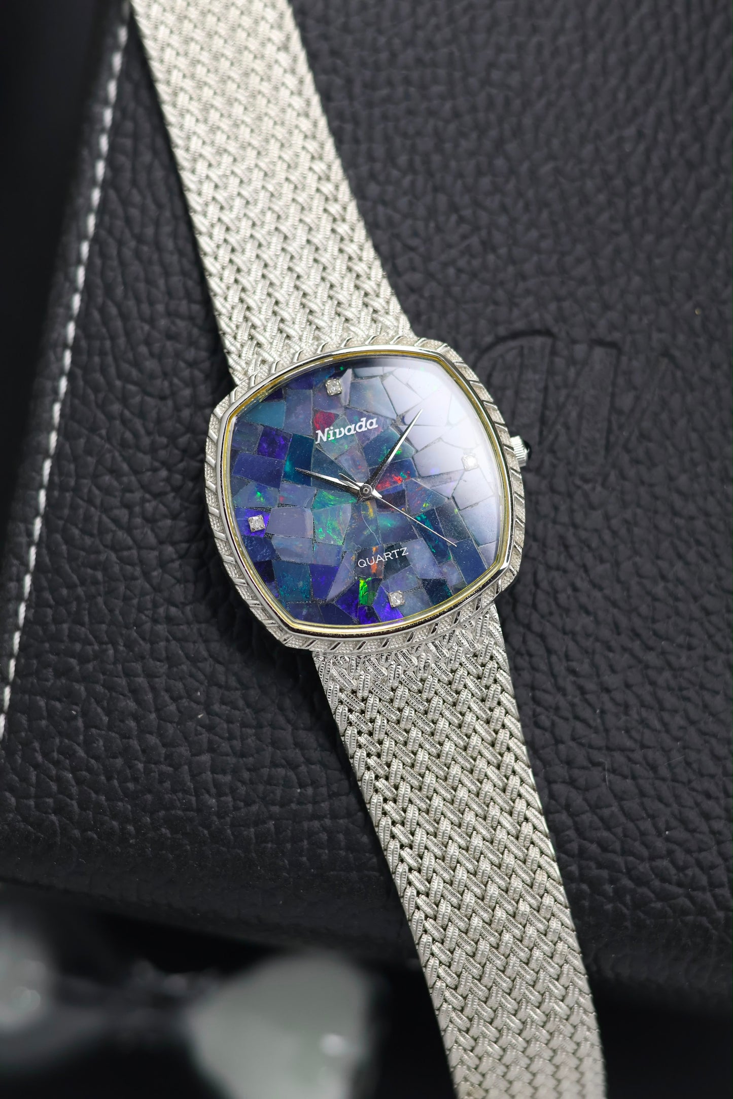 (Extremely Rare) Nivada Grenchen Blue Mosaic Opal TV Dial with PALLADIUM Plated Case & Integrated Woven Milanese Bracelet - Swiss Vintage Watch (Pre Owned) - SE801