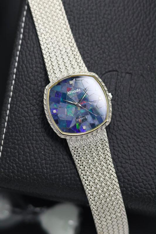 (Extremely Rare) Nivada Grenchen Blue Mosaic Opal TV Dial with PALLADIUM Plated Case & Integrated Woven Milanese Bracelet - Swiss Vintage Watch (Pre Owned) - SE801