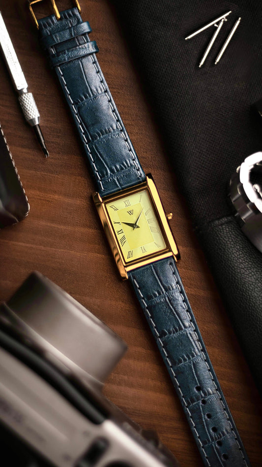 The S23 - YELLOW GUILLOCHE DIAL (Golden Case) - Slim Tank Style Watch - by Watchtopia