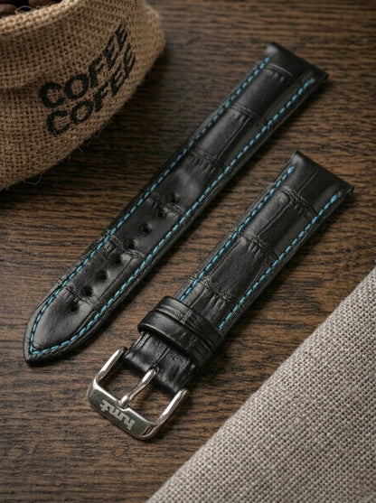 Blue Stitch Black Croc Leather Watch Strap (18mm)