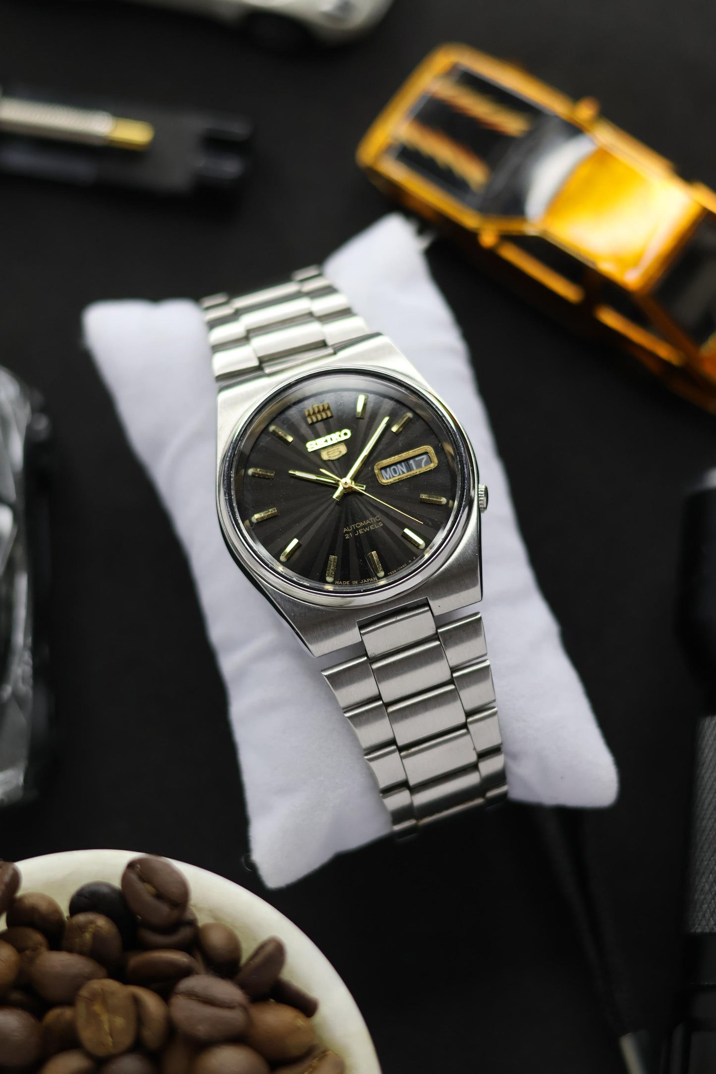 Seiko 5 Black Sunray Dial with Glass Back (Pre Owned)