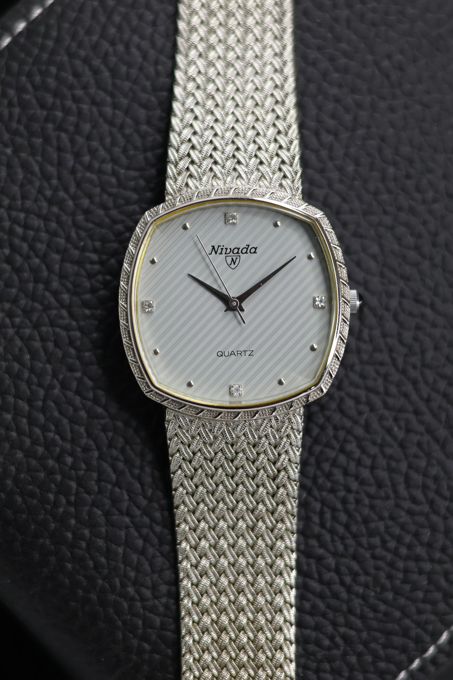 (Extremely Rare) Nivada Grenchen TV Dial with PALLADIUM Plated Case & Integrated Woven Milanese Bracelet - Swiss Vintage Watch (Pre Owned) - SE642