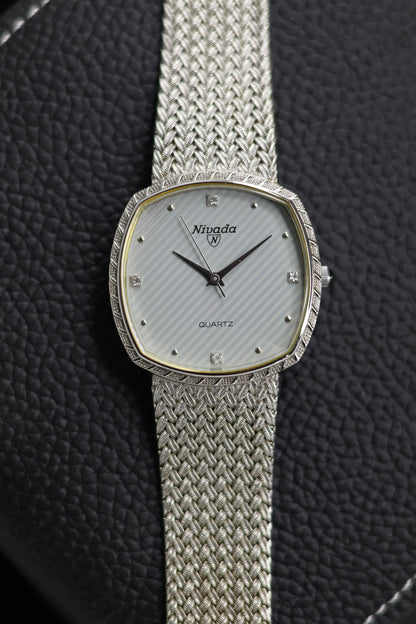 (Extremely Rare) Nivada Grenchen TV Dial with PALLADIUM Plated Case & Integrated Woven Milanese Bracelet - Swiss Vintage Watch (Pre Owned) - SE642