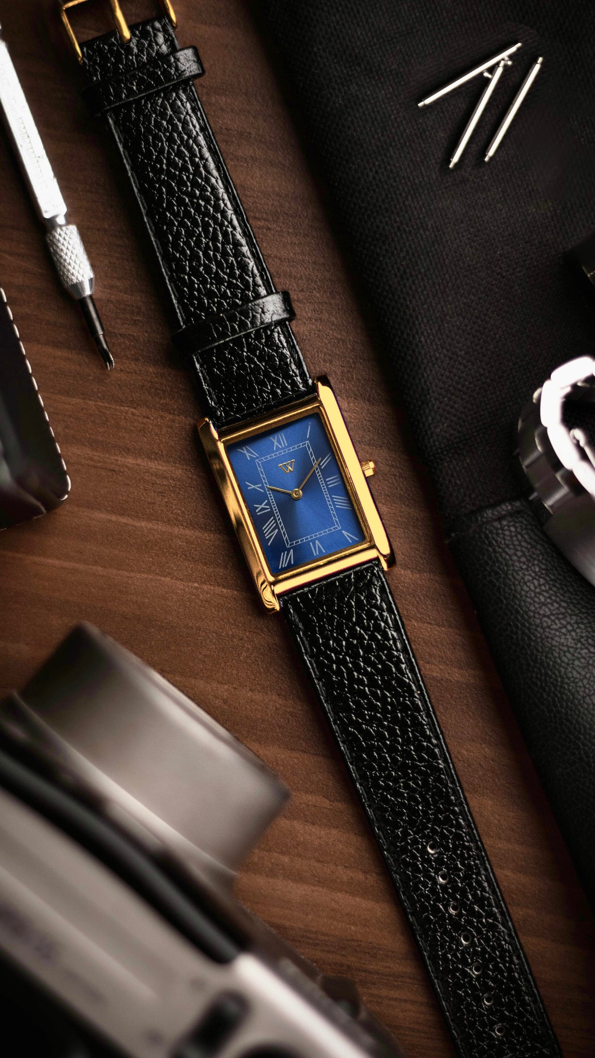 The S23 - BLUE Dial (Golden Case) - Slim Tank Style Watch - by Watchtopia