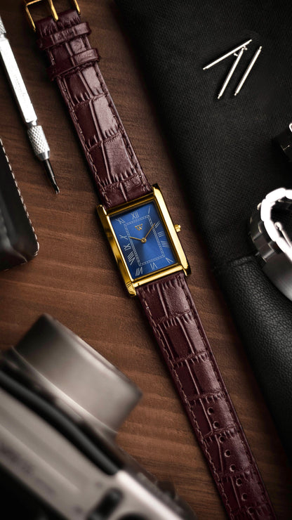 The S23 - BLUE Dial (Golden Case) - Slim Tank Style Watch - by Watchtopia