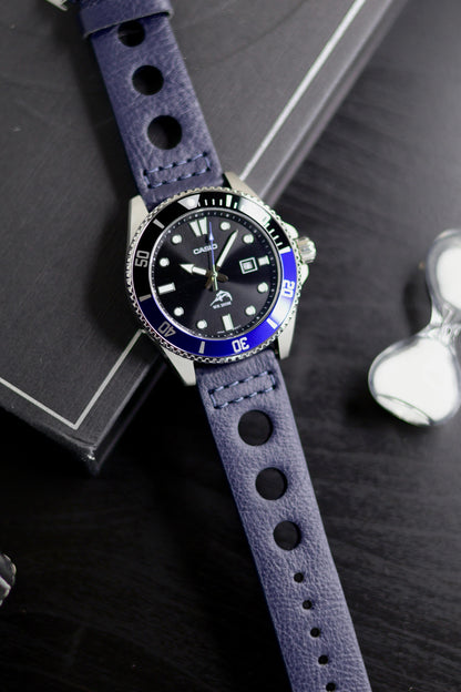 PREMIUM RALLY Style Perforated Genuine Leather Watch Strap (22mm) - with FREE Strap Tool!