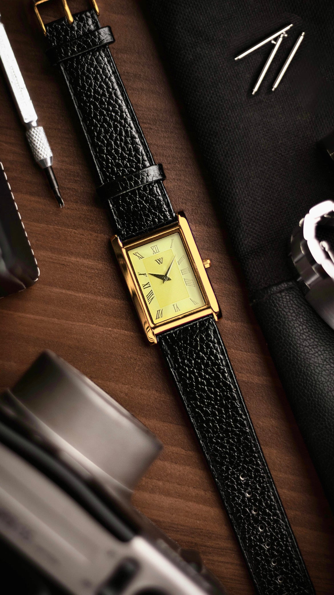 The S23 - YELLOW GUILLOCHE DIAL (Golden Case) - Slim Tank Style Watch - by Watchtopia