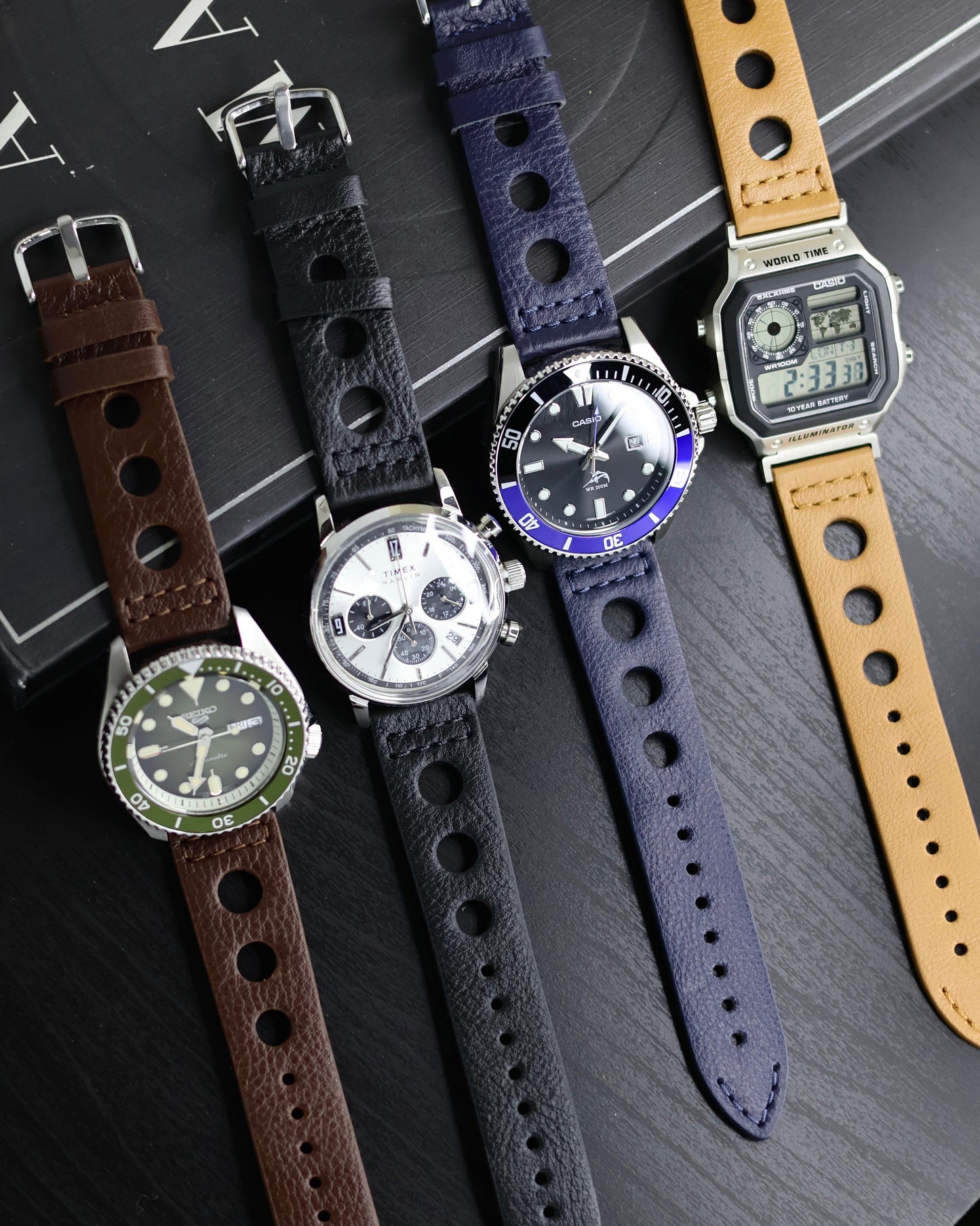 PREMIUM RALLY Style Perforated Genuine Leather Watch Strap (22mm) - with FREE Strap Tool!