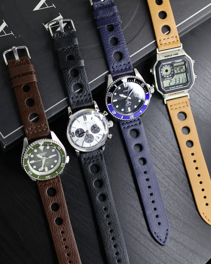 PREMIUM RALLY Style Perforated Genuine Leather Watch Strap (22mm) - with FREE Strap Tool!