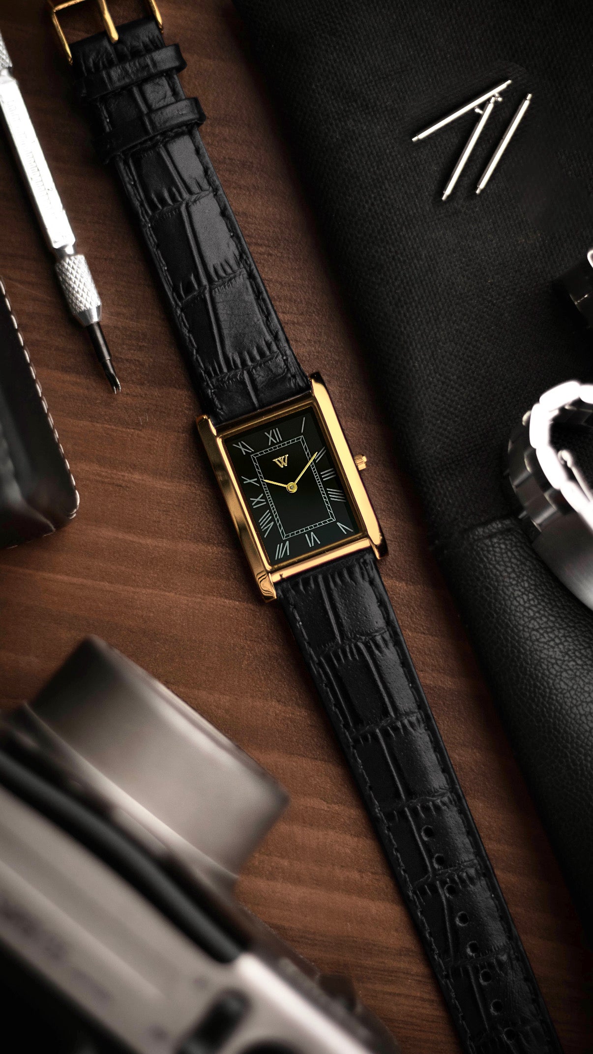 The S23 - BLACK Dial (Golden Case) - Slim Tank Style Watch - by Watchtopia
