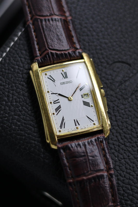 (Extremely Rare) 1999 Seiko Tank White Guilloche Dial with Gold Plated Case - Quartz Vintage Watch (Pre Owned) - SE504