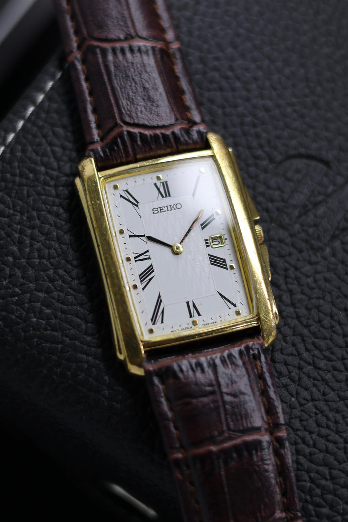 (Extremely Rare) 1999 Seiko Tank White Guilloche Dial with Gold Plated Case - Quartz Vintage Watch (Pre Owned) - SE504