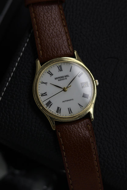 (Super Rare) Raymond Weil Geneve Swiss Automatic White Dial with Gold Plated Case - Automatic Swiss Vintage Watch (Pre Owned) - SE742