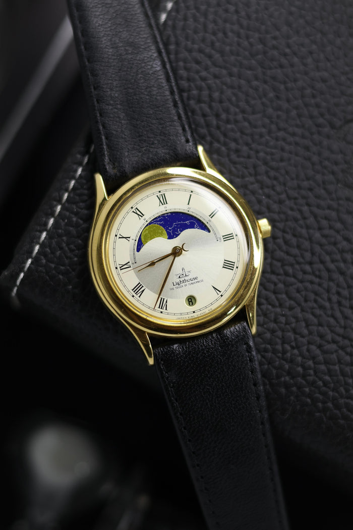 (JDM - ULTRA Rare) Citizen LIGHTHOUSE Moonphase Champagne Dial with Yellow Gold Plated Case - Quartz Vintage Watch (Pre Owned) - SE579