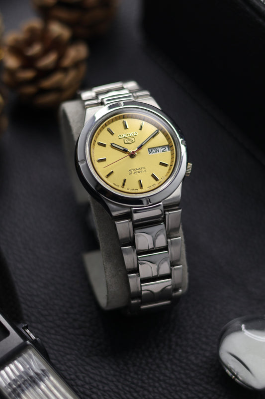 (Super Rare) Seiko 5 Gold Sunray Dial with Glass Back - Automatic Vintage Watch (Pre Owned) - SE598