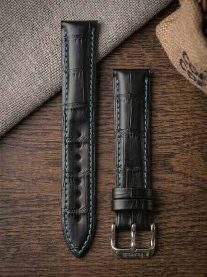 Blue Stitch Black Croc Leather Watch Strap (18mm)