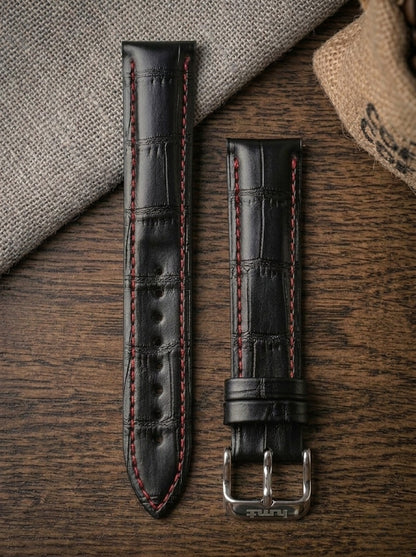 Red Stitch Black Croc Leather Watch Strap (18mm)