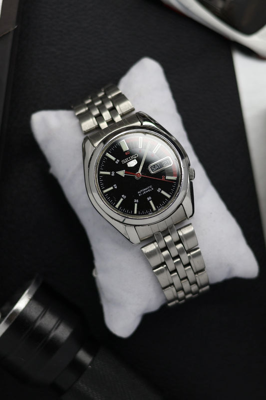 Seiko 5 Black Racing Dial with Glass Back (Pre Owned)