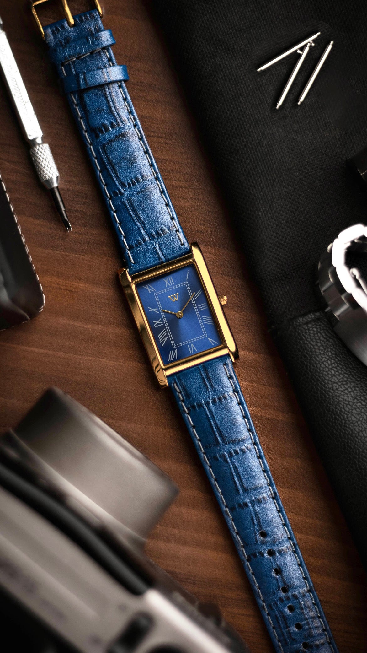 The S23 - BLUE Dial (Golden Case) - Slim Tank Style Watch - by Watchtopia