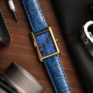 The S23 - BLUE Dial (Golden Case) - Slim Tank Style Watch - by Watchtopia