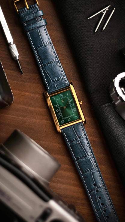 The S23 - GREEN Dial (Golden Case) - Slim Tank Style Watch - by Watchtopia