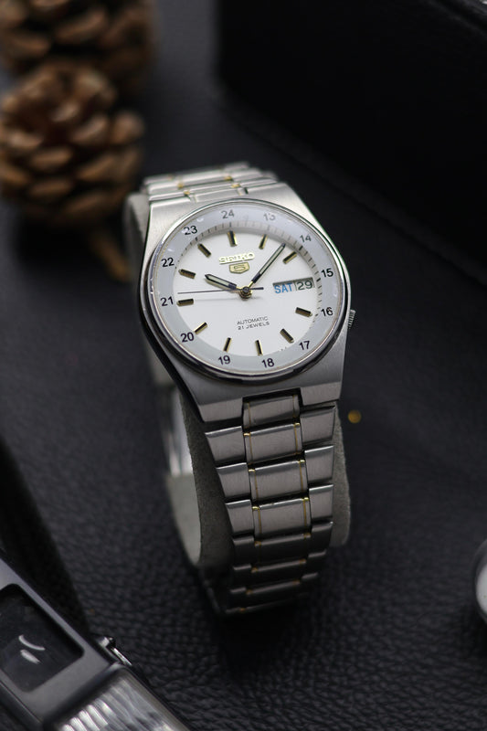 (Super Rare) 1999 Seiko 5 Two Tone Railway Time White Dial - Automatic Vintage Watch (Pre Owned) - SE565