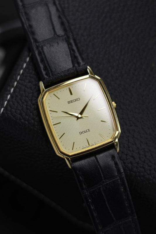 (JDM - Extremely Rare) 1991 Seiko Dolce Tank Snowflake Dial with Solid Gold Plated Case - Quartz Vintage Watch (Pre Owned) - SE980
