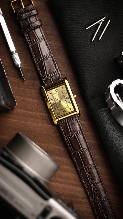 The S23 - GOLD Dial (Golden Case) - Slim Tank Style Watch - by Watchtopia