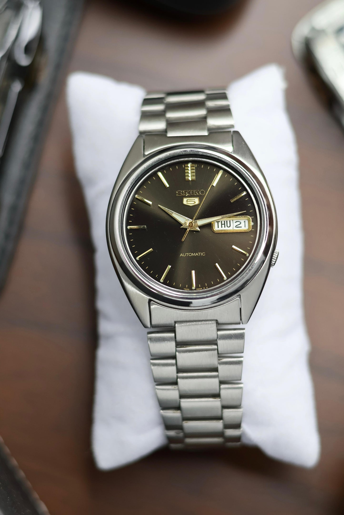 Seiko 5 Black Dial with Gold Accents & Glass Back (Pre Owned)